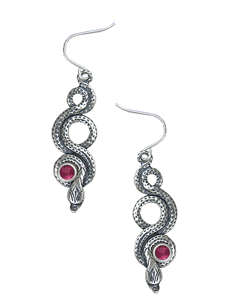 Sterling Silver Snake Drop Dangle Earrings With Pink Tourmaline